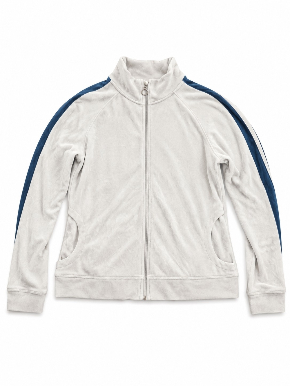 Women's Full-Zip Track Jacket in Light Gray with Navy Stripes